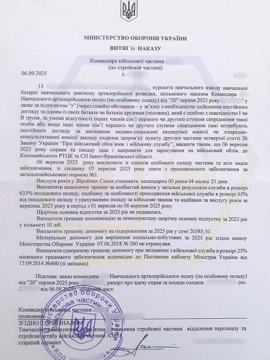 ЗВІЛЬНИЛИ ВІЙСЬКОВОСЛУЖБОВЦЯ ДЛЯ ДОГЛЯДУ ЗА МАТІР’Ю З ІНВАЛІДНІСТЮ
