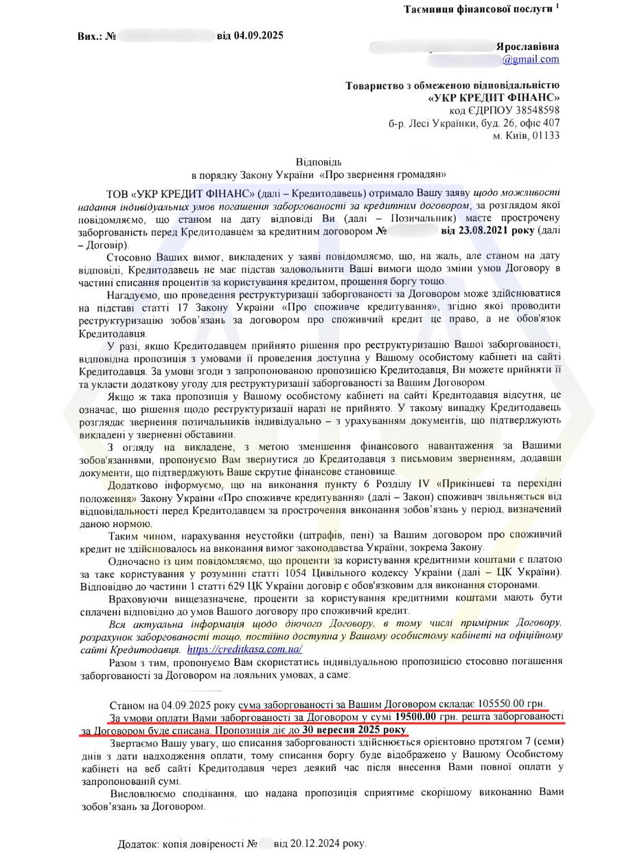 СПИСАЛИ ПОНАД 90 000 ГРН ВІДСОТКІВ ЗА КРЕДИТОМ «УКР КРЕДИТ ФІНАНС»