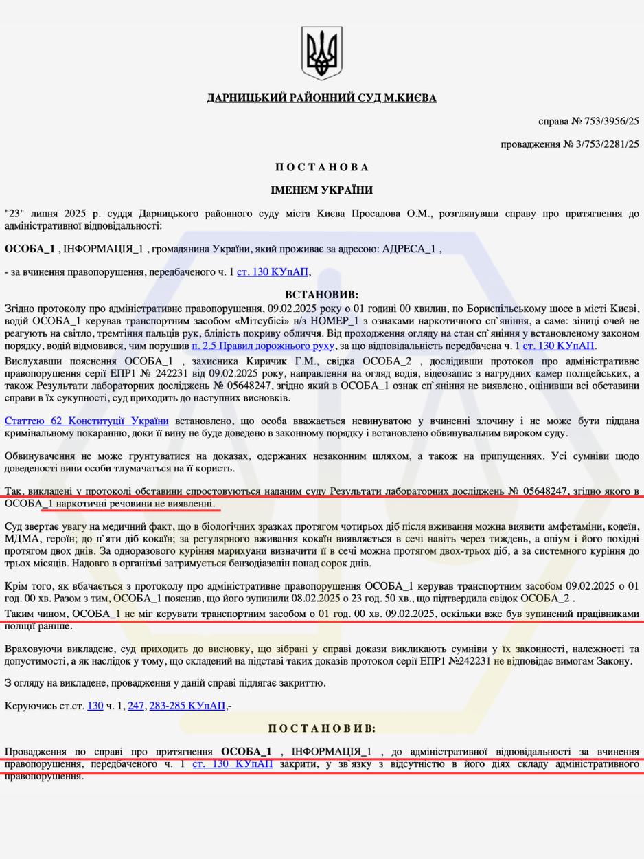 ЗАБЕЗПЕЧИЛИ ЗАХИСТ У СУДІ ТА ДОМОГЛИСЯ ЗАКРИТТЯ СПРАВИ ЗА СТ. 130 КУПАП