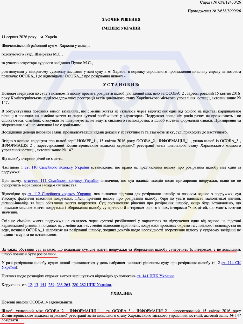 РОЗІРВАЛИ ШЛЮБ ІЗ ГРОМАДЯНИНОМ ІРАКУ БЕЗ УЧАСТІ СТОРІН У СУДОВИХ ЗАСІДАННЯХ
