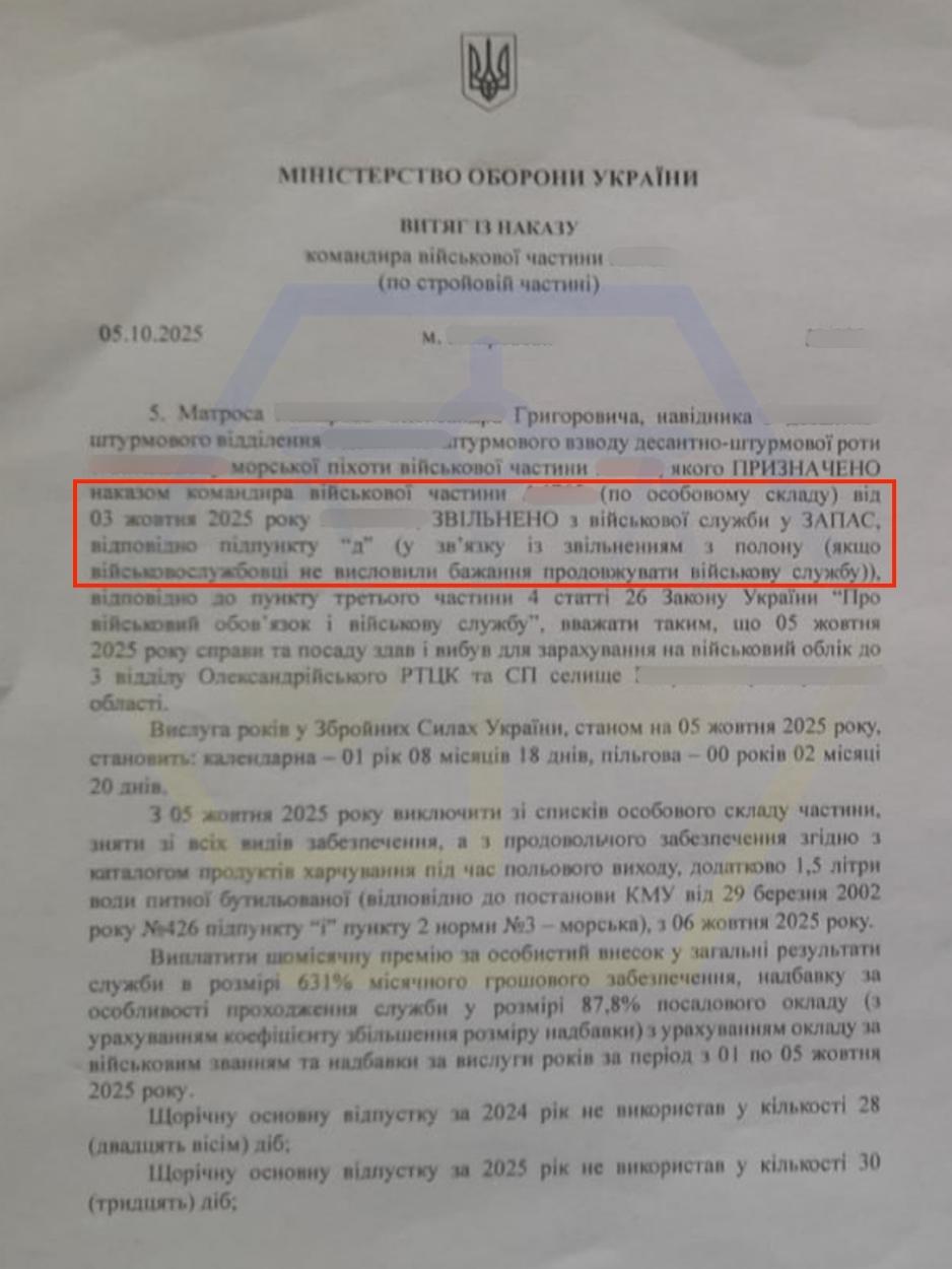 ЗВІЛЬНИЛИ ЗІ СЛУЖБИ ПІСЛЯ ПОВЕРНЕННЯ З ПОЛОНУ