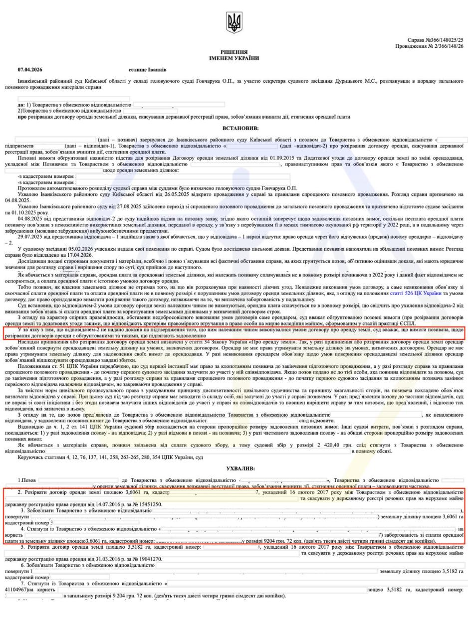 РОЗІРВАННЯ ДОГОВОРІВ ОРЕНДИ ЗЕМЕЛЬНИХ ДІЛЯНОК У ЗВ’ЯЗКУ З НЕСПЛАТОЮ ОРЕНДНОЇ ПЛАТИ